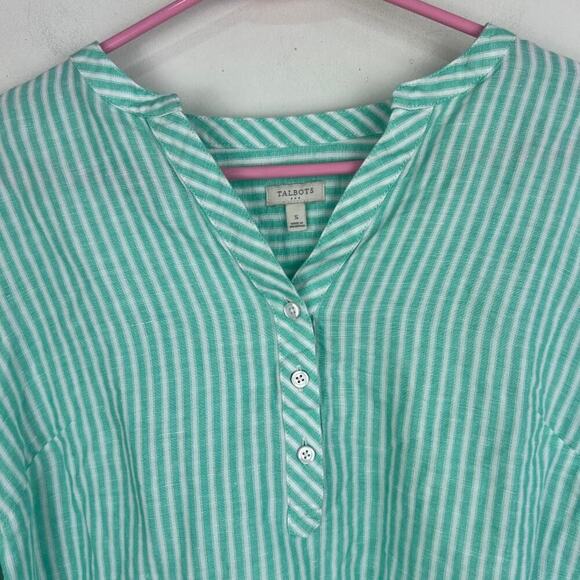 Talbots Green and white striped 1/2 button up Linen blend blouse size small - Picture 2 of 7
